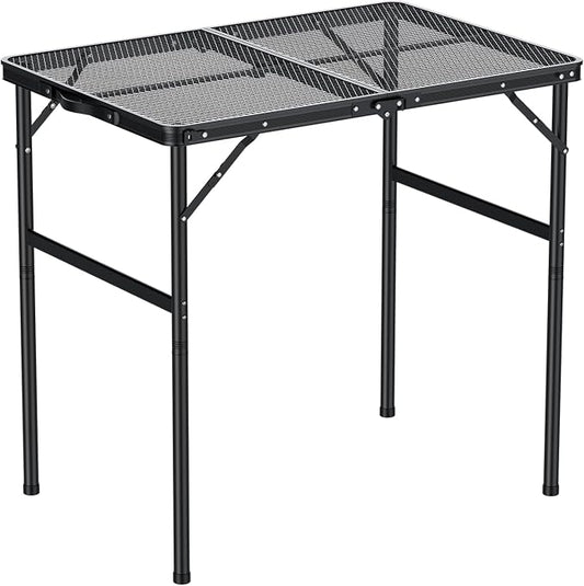 GARLLEN Folding Grill Table, 2-Height Adjustable Folding Camping Table with Heat-Resistant Wider Tabletop, Portable Aluminum Outdoor Tables for BBQ, Camping, Picnic, 35" L x 21.65" W, Black