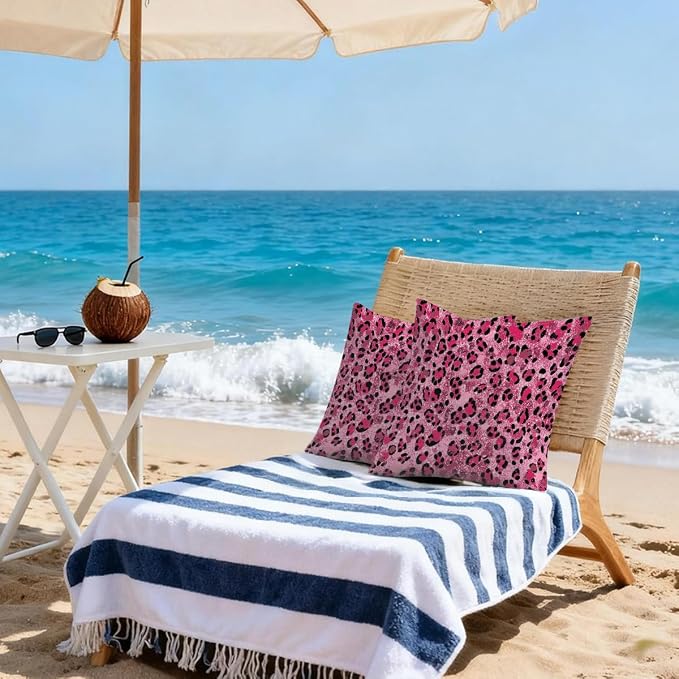 18x18 Inch Outdoor Pillow Covers Set of 2 Waterproof Throw Pillow Covers Decorative Couch Cushion Covers Pink Glitter Leopard Print Square Pillowcases Protectors for Patio Garden Sofa