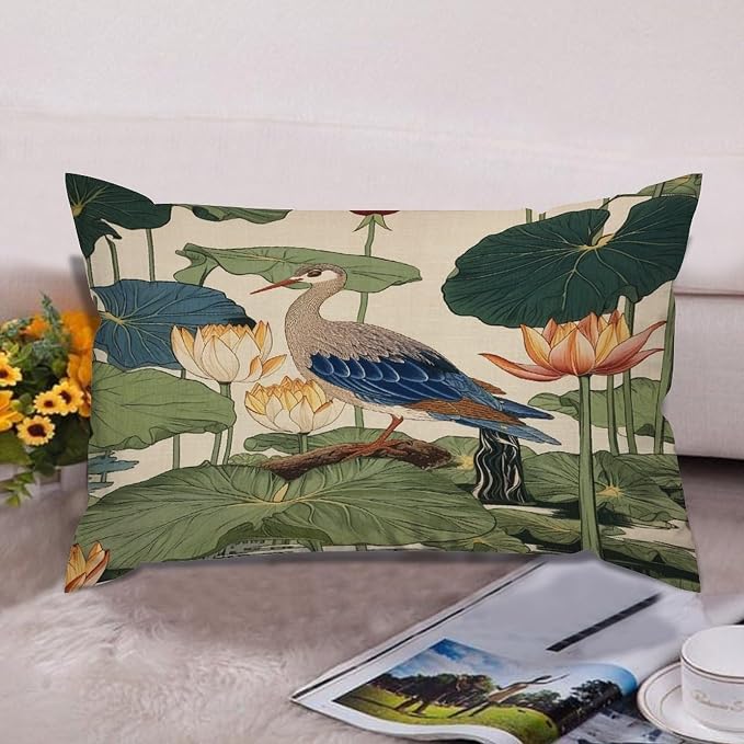 Zipped Pillow Cases for Home Decor Chinese Pond Bird Throw Pillow Cover Set of 2 Farmhouse Cushion Cover Cases for Living Room Club Home Decor 12x18in