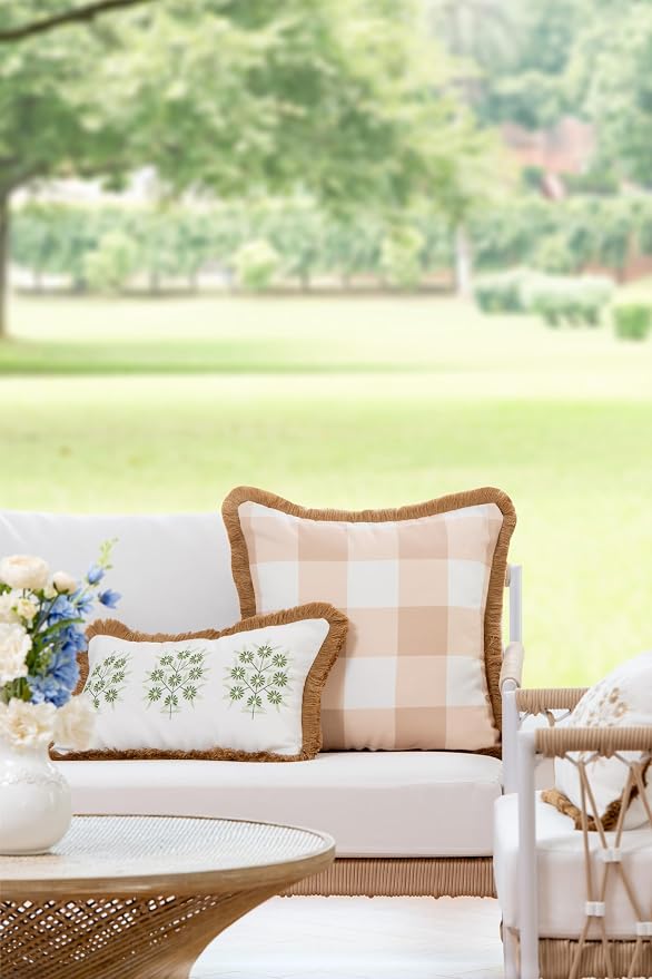 Hofdeco Premium Coastal Patio Indoor Outdoor Throw Pillow Cover Only, 20"x20" Water Repellent for Backyard, Couch, Neutral Tan Plaid with Fringe