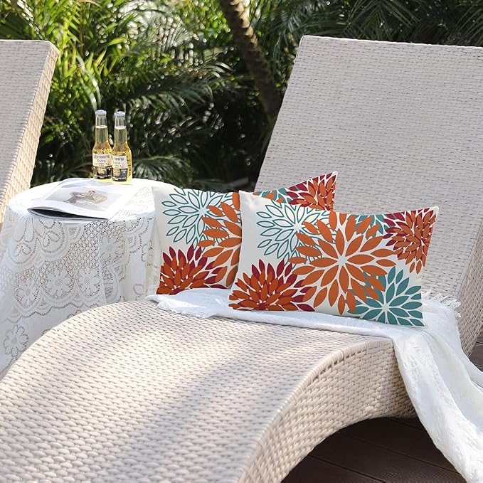 DFXSZ Outdoor Waterproof Pillow Covers 12x20 Set of 2 Orange Teal Flower | Spring Summer Waterproof Flower Throw Pillowcases（No Inserts）Outdoor Decor for Fall Patio Funiture Garden Polyester Covers