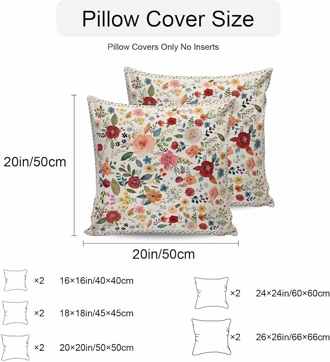 Vandarllin Outdoor Throw Pillows Covers 24x24 inch Set of 2 Waterproof Beige Floral Decorative Zippered Cushion Covers for Patio Furniture, Farmhouse Vintage Flower Lumbar Pillowcases