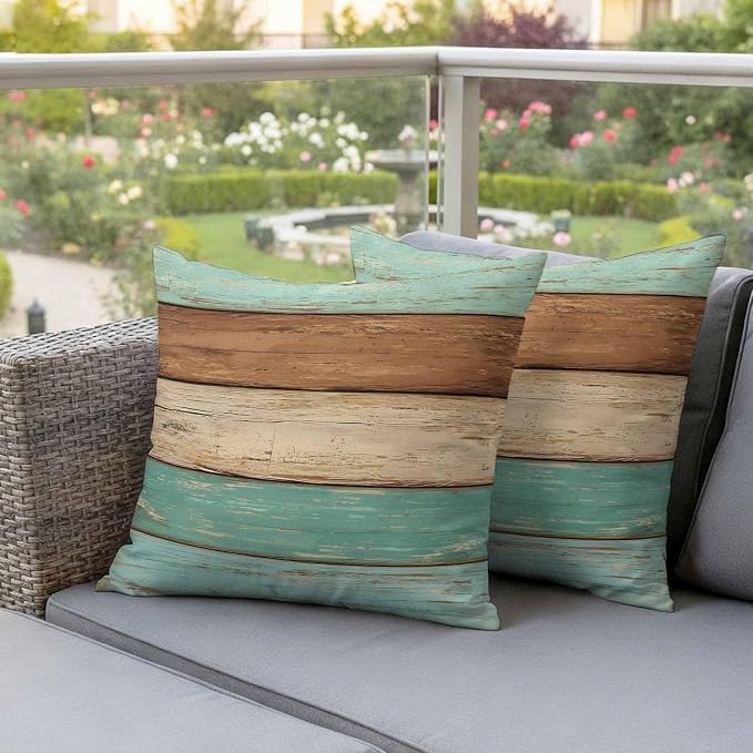 Farmhouse Teal Blue Brown Outdoor Waterproof Pillow Covers, Vintage Wooden Striped Decorative Square Throw Pillowcase Sofa Cushion Sham for Patio/Couch/Chair, 20"x20" 2 Pack