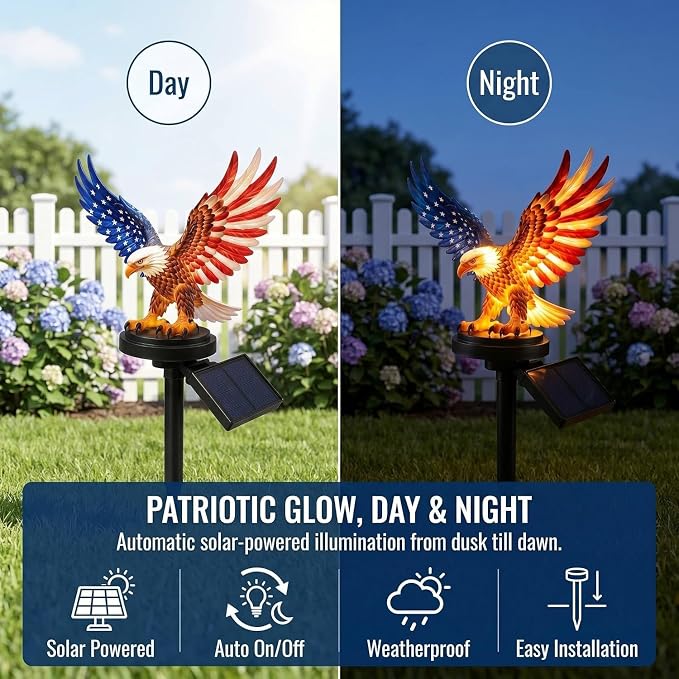 Solar Eagle Garden Light, Outdoor Patriotic Stake 250th Anniversary America Eagle Sculpture Waterproof Light for Fourth of July Memorial Day Yard Lawn Pathway Decor 1 Pack