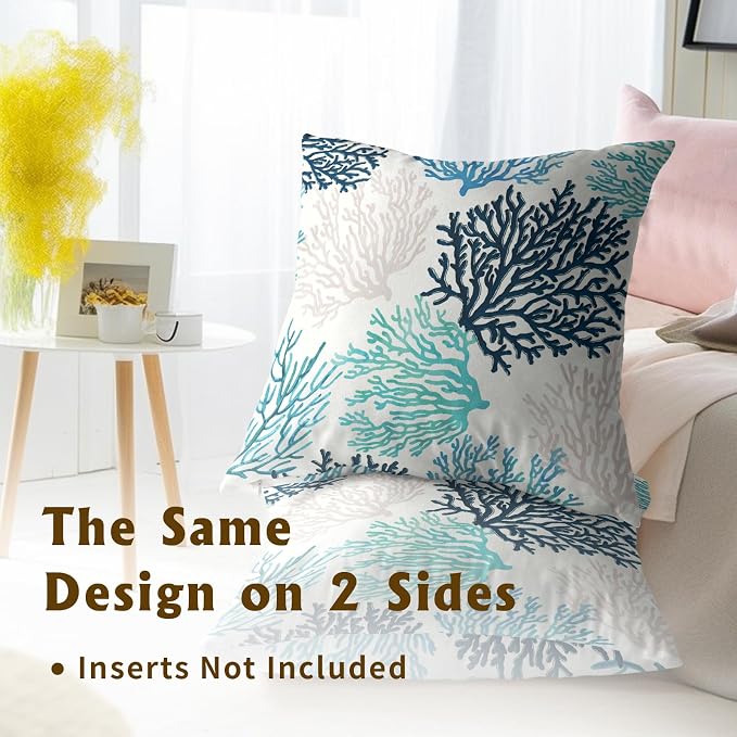 Blue Grey Coral Pillow Covers 16 x 16 Inches Set of 2 Coastal Ocean Marine Life Cotton Linen Pillowcase for Sofa Couch Living Room Outdoor Indoor Home Decor