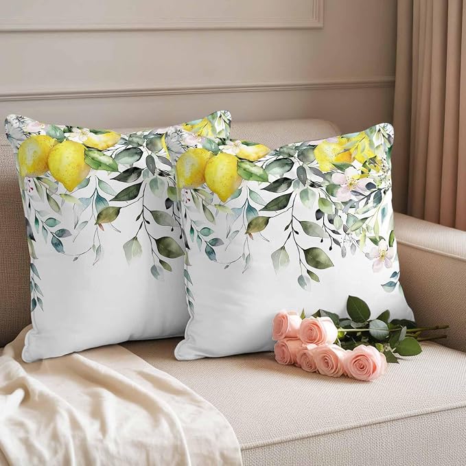 Rustic Floral Plant Outdoor Waterproof Throw Pillow Covers Set of 2, 18"x18", Green Eucalyptus Leaves Sage Lemon White Decorative Pillow Covers Outside Cushion Case for Patio Porch Garden