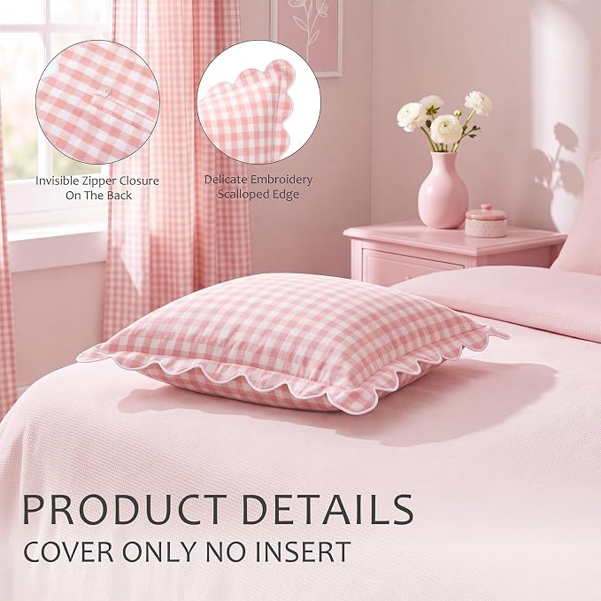Gingham Scalloped Throw Pillow Cover 20"x20",Pink