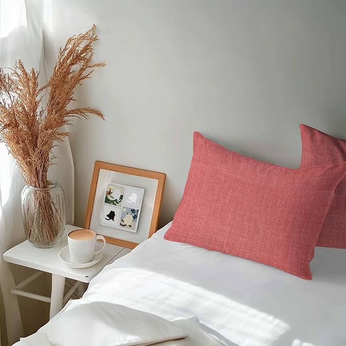 Vandarllin Outdoor Throw Pillows Covers 20x12 inch Set of 2 Waterproof Coral Red Linen Decorative Zippered Cushion Covers for Patio Furniture, Farmhouse Pure Color Lumbar Pillowcases