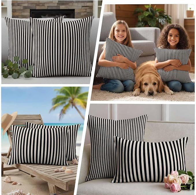 Black Beige Stripe Outdoor Pillow Covers Set of 2 Vintage Abstract Classic Minimalist Vertical Striped Waterproof Throw Pillow Cover Decorative Cushion Cases for Patio Porch Garden 20X12 Inch