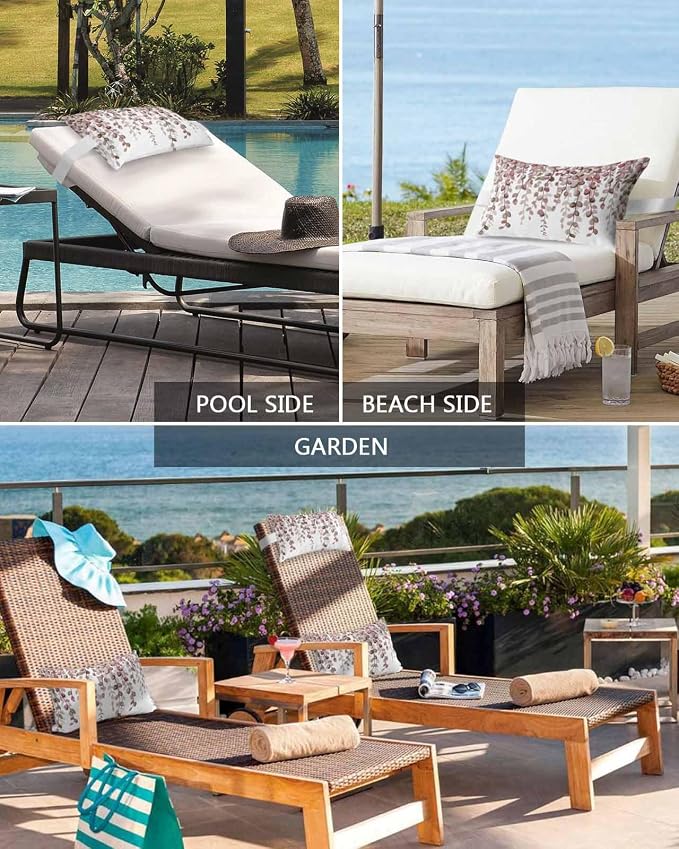 Outdoor Pillows Waterproof Covers Set of 2, Brown Eucalyptus Leaves Adjustable Elastic Chaise Lounge Headrest Pillow Covers, Watercolor Branches Lumbar Pillow for Pool Beach Patio Furniture 20x12 Inch