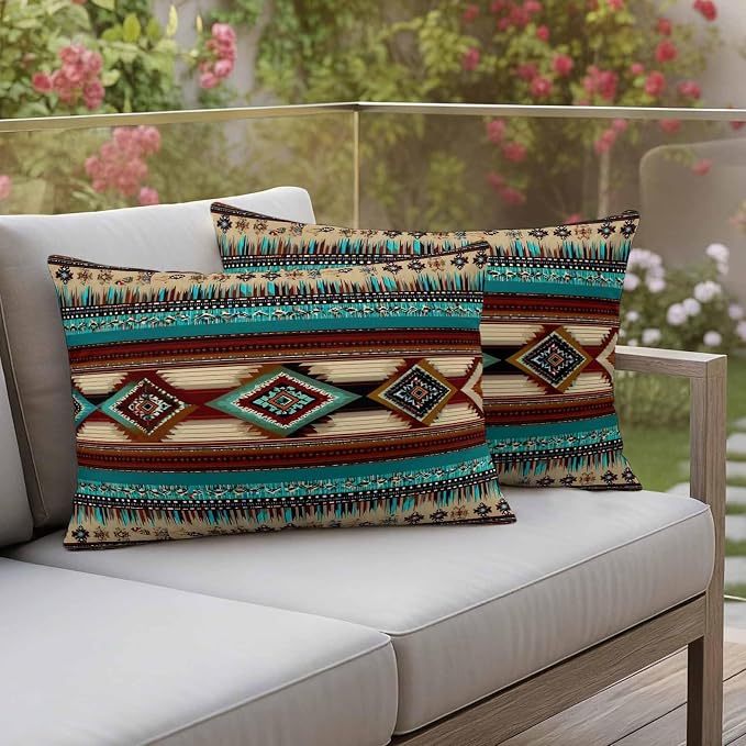 Boho Ethic Outdoor Pillow Covers 20"x12" Set of 2, Western Aztec Tribal Teal Brown Diamond Stripes Waterproof Throw Pillow Covers for Patio Furniture, Decorative Cushion Covers for Porch