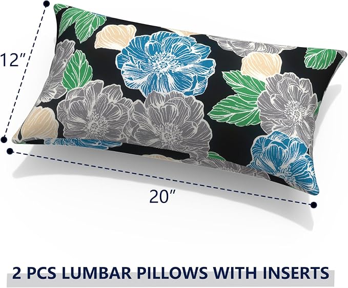 Outdoor Lumbar Pillows with Insert 12x20 Inch, Waterproof Throw Pillow for Patio Furniture, Decorative Lumbar Cushions for Garden Home Sofa Office Chair, Set of 2, Peony Garden