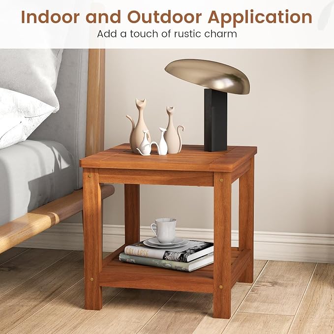 HAPPYGRILL 2-Tier Outdoor Wood Side Table with Storage Shelf, Patio Wooden End Table, Farmhouse Accent Nightstand, for Garden Yard Porch Deck Living Room (1)