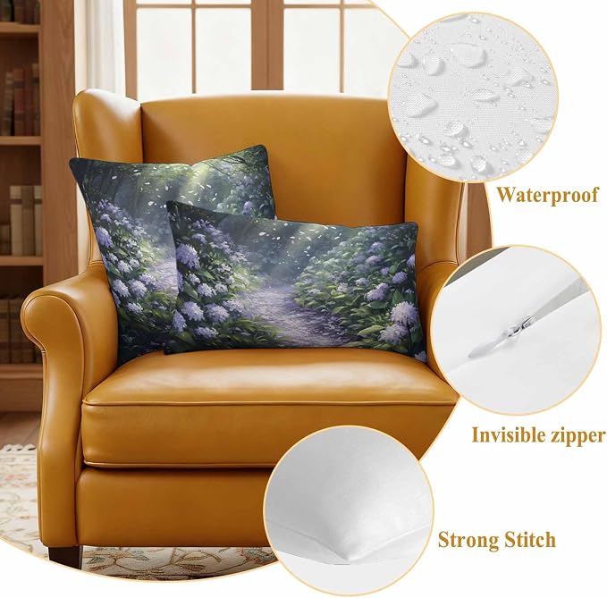 Purple Floral Outdoor Waterproof Throw Pillow Covers Set of 2, 20"x12", Spring Landscape Scenery Nature Decorative Pillow Covers Outside Cushion Case for Patio Porch Garden