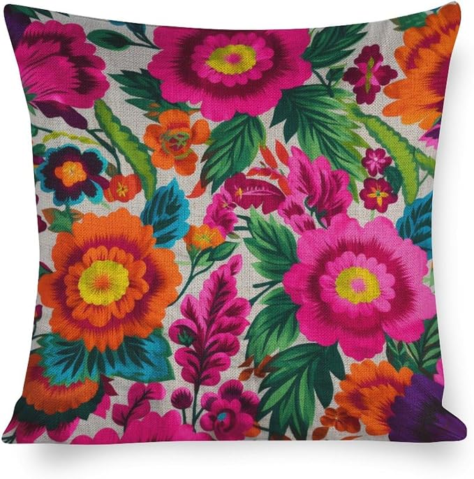 Large Couch Pillows Mexican Flowers Pillow Cases 20"x20" White Blue Grey Wideflowers Printed Pillow Cover Home Sofa Decor PillowcaseThrow Pillow Covers Decorative Outdoor Linen Pillow Covers