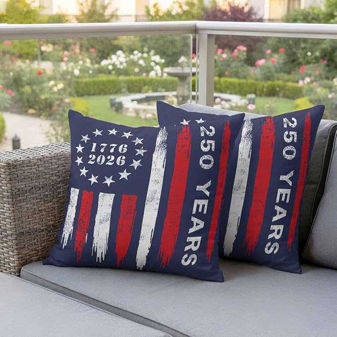 250 Years America Outdoor Pillow Covers 20"x20" Set of 2, Waterproof Throw Pillow Covers for Patio Furniture, USA 250th Anniversary Red White Blue Decorative Cushion Covers for Porch