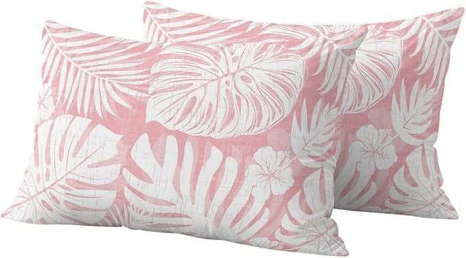 Pink Palm Leaves Outdoor Pillow Covers 20"x12" Set of 2, Tropical Botanical Modern Minimalist Waterproof Throw Pillow Covers for Patio Furniture, Decorative Cushion Covers for Porch