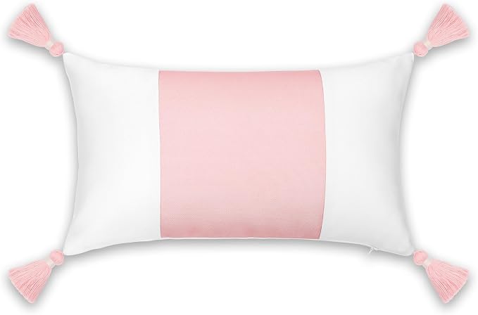 Hofdeco Premium Coastal Patio Indoor Outdoor Lumbar Pillow Cover Only, 12"x20" Water Repellent for Backyard, Couch, Blush Pink Color Block with Tassels