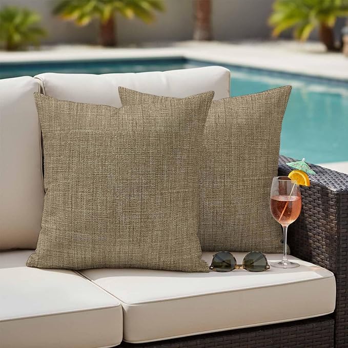 Outdoor Waterproof Throw Pillow Covers Set of 2 Brown Linen Pillowcases 20x20 Inches Farmhouse Pure Color Decorative Pillows Cushion Case Patio Pillows for Couch Bed Chair Garden