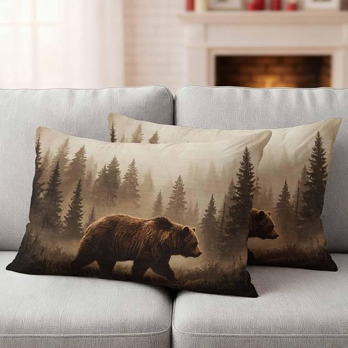 Yukro Nature Landscape Outdoor Waterproof Pillow Covers Pack of 2, Rustic Brown Bear Misty Forest Pine Tree Throw Pillowcases Decorative Cushion Covers for Garden Patio Tent Sofa Couch, 20x12 inch