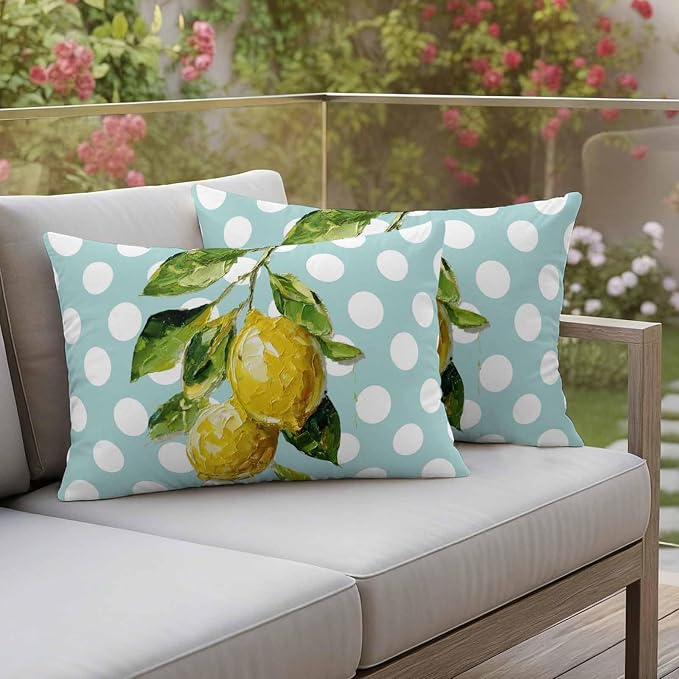 Waterproof Pillow Covers Set of 2,Summer Lemon Leaf Country Fruit Outdoor Pillow Protectors with Zipper Pillowcases for Patio Tent Garden Beach 20x12 Inches Polka Dot Light Blue