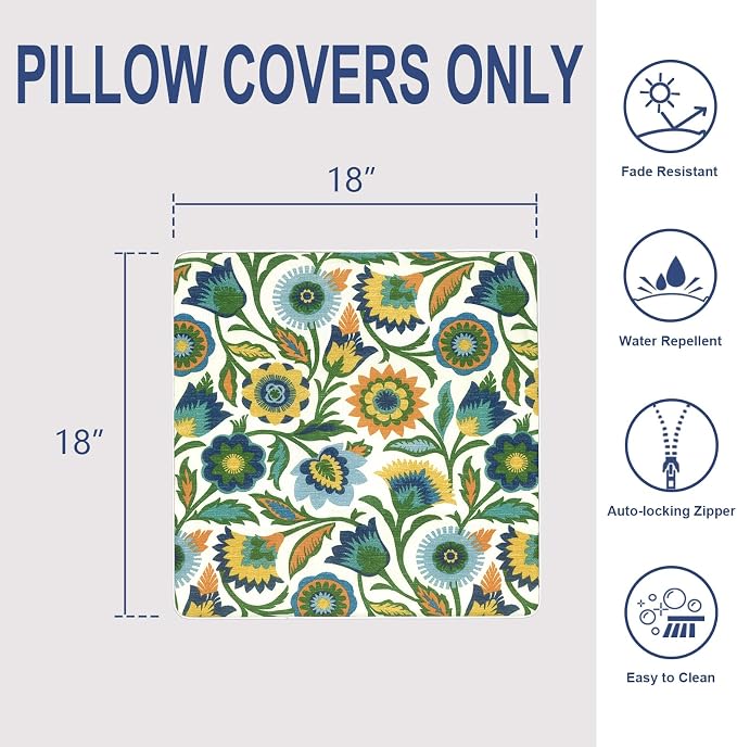 Outdoor Throw Pillow Covers Pack of 2, Decorative Water Repellent Square Pillow Cases with Piping 18x18 Inch, Fiesta Floral