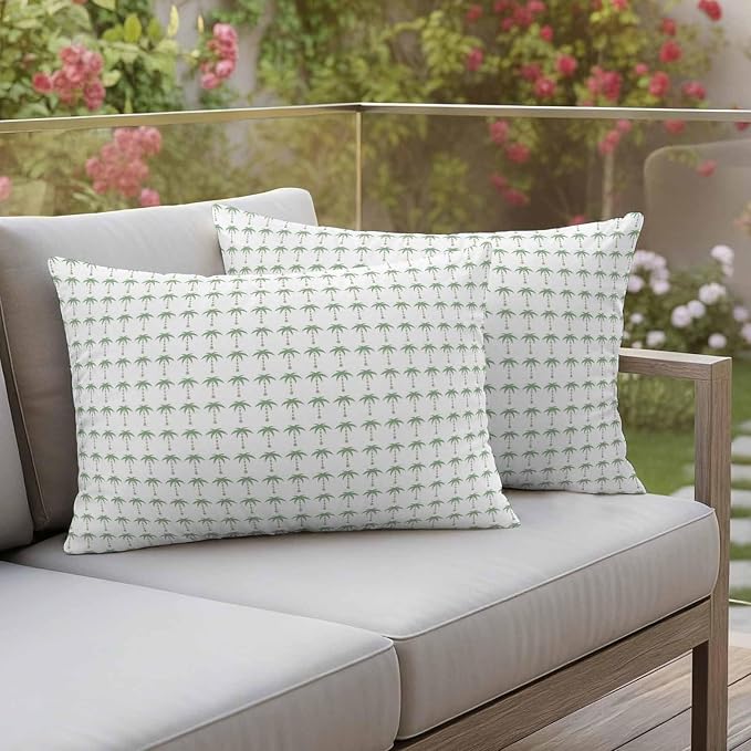 Palm Trees Outdoor Pillow Covers 20"x12" Set of 2, Summer Vintage Nautical Coastal Beach Ocean Green Tree Waterproof Throw Pillow Covers for Patio Furniture, Decorative Cushion Covers for Porch