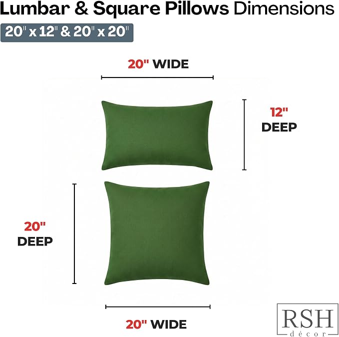 RSH DECOR: Outdura Lumbar & Square Pillows Set of 4 | 20" x 12" & 20" x 20" | Water and Fade-Resistant Performance Fabric | Outdoor Throw Pillows | Made in USA (Clover Green)