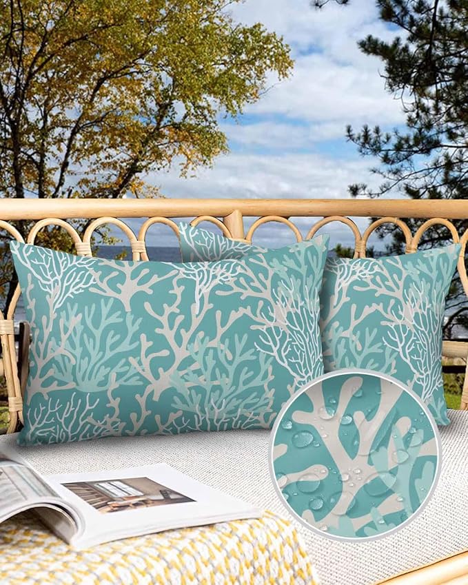 Pack of 2 Outdoor Pillow Covers 20x12 Waterproof Aqua Teal Coral Coastal Throw Pillow Covers, Decorative Pillowcases Nautical Ocean Marine Organism Cushion Covers for Patio Garden Couch Pillow Case