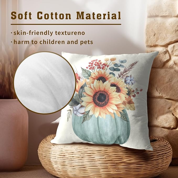 Fall Sunflower Pillow Cover Set of 2, 22x22 Inch Autumn Pumpkin Floral Leaves Harvest Seasonal Farmhouse Sofa Couch Cushion Case for Porch Patio Outdoor Indoor Home Decor