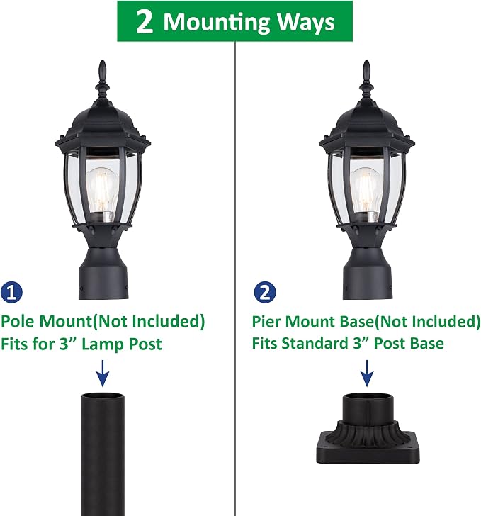 Outdoor Post Light, Rustproof Aluminum Pole Lamp, Black | Exterior Lamp Post Light Fixture for Garden, Yard, Pathway, Waterproof, Glass, E26 Base, Max 60W, 1 Pack