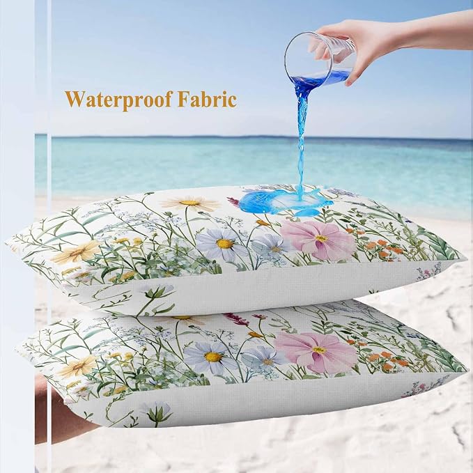 Farms Wildflowers Outdoor Waterproof Throw Pillow Covers Set of 2, 20"x12", Herbs Countryside Watercolor Floral Leaf Decorative Pillow Covers Outside Cushion Case for Patio Porch Garden