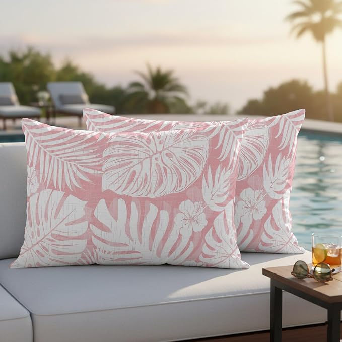 Pink Palm Leaves Outdoor Pillow Covers 20"x12" Set of 2, Tropical Botanical Modern Minimalist Waterproof Throw Pillow Covers for Patio Furniture, Decorative Cushion Covers for Porch