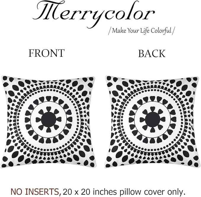Merrycolor Set of 2 Outdoor Waterproof Throw Pillow Covers 20 * 20Inch Black and White Pillow Covers Floral Decorative Square Pillowcases Farmhouse Boho Outdoor Pillows for Patio Furniture