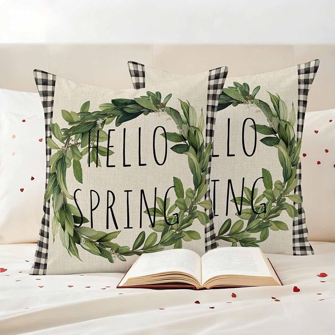 Hello Spring Outdoor Pillow Covers Pack of 2 Green Leaf Plant Black Plaid Vintage Linen Texture Waterproof Throw Pillow Covers Decorative Cushion Cases for Patio Garden Tent Balcony Couch 18x18 inch