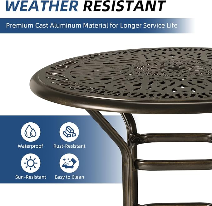 Outdoor Cast Aluminum Bar Table, 35.4" Patio Bar Height Table with 2" Umbrella Hole, All Weather High Top Bistro Round Dining Table for Outside Deck Porch Balcony Poolside, Dark Bronze
