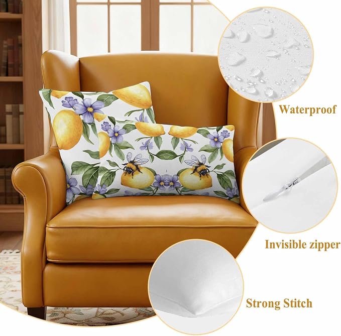 Summer Lemon Waterproof Outdoor Pillow Covers Set of 2 Home Decor, Watercolor Purple Spring Floral Bee Pillowcase Patio Pillow Covers for Couch Bench Furniture Garden 18x18in