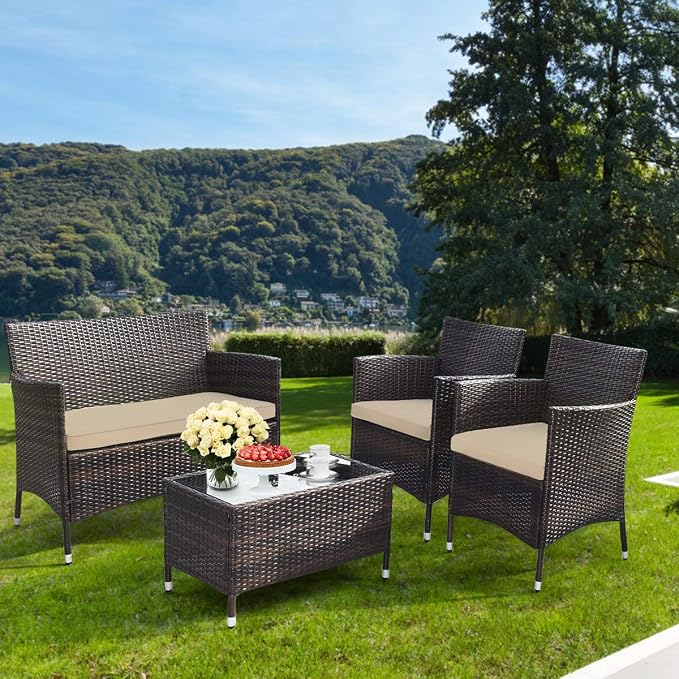 HAPPYGRILL 4-Piece Patio Furniture Set Outdoor Rattan Wicker Conversation Set with Cushioned Sofa and Coffee Table for Porch Backyard Garden Poolside