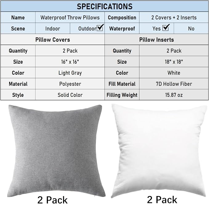 Outdoor Throw Pillows with Inserts, Waterproof Pillows for Outdoor Seating, Square Decorative Garden Cushion for Patio Furniture, Bed, Couch, Sofa(Light Gray, 16" x 16" (Pack of 2))