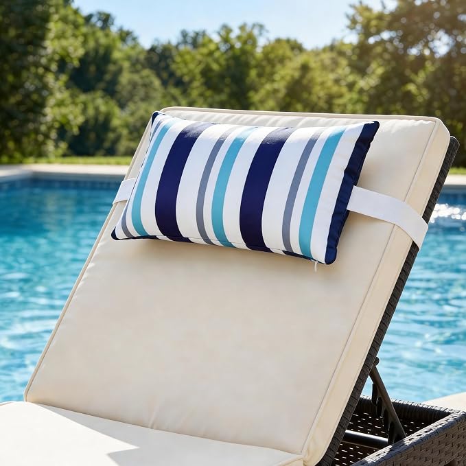 2 Pcs Outdoor Headrest Pillow for Patio Chaise Lounge 11"x16" | Navy Blue Striped Waterproof Pillows with Insert Adjustable Elastic Strap, Chair Head Resting Pillow for Recliner Beach Pool