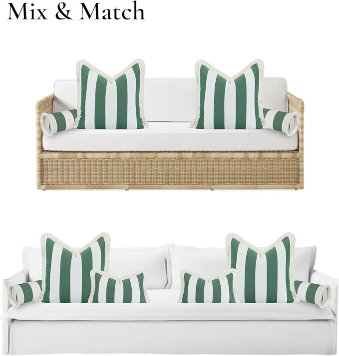Hofdeco Premium Coastal Hampton Outdoor Performance Bolster Pillow Cover Only, 6"x20" Water Repellent, UV and Fade Resistant for Backyard, Couch, Poolside, Green Woven Beach Stripes