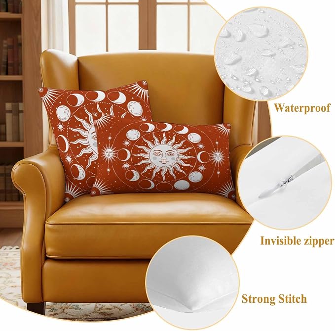 Celestial Sun and Moon Waterproof Outdoor Pillow Covers Set of 2 Home Decor, Burnt Orange Starry Galaxy Boho Pillowcase Patio Pillow Covers for Couch Bench Patio Furniture Garden 24x24in