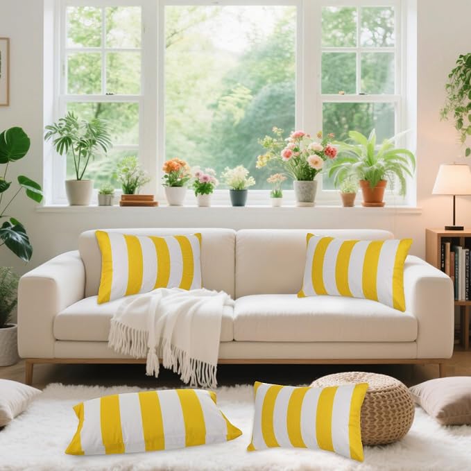 tiggell 4 Pack Waterproof Pillow Covers Outdoor Throw Pillowcases Decorative Garden Cushion Case for Home Garden Patio Couch Balcony Striped (Yellow & White, 12 * 20 inch)