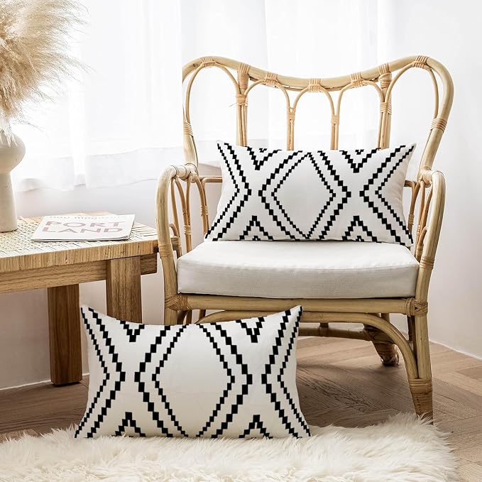 Outdoor Pillow Covers Waterproof, 12x20 Inches, Outdoor Boho Lumbar Throw Pillow Cases Decorative Pillows for Couch Patio Furniture Polyester Linen, White More (Black&white-02, 12x20 Inch)