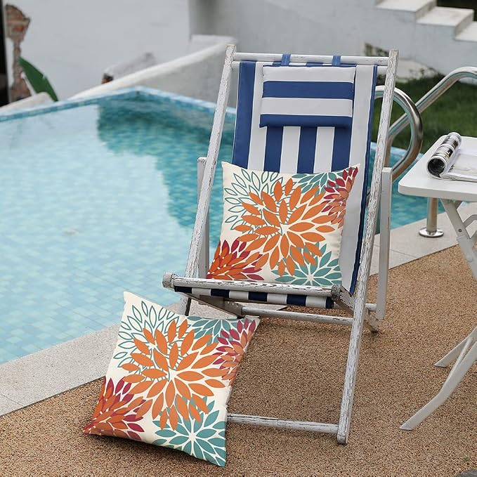 DFXSZ Outdoor Waterproof Pillow Covers 20x20 Set of 2 Orange Teal Flower | Spring Summer Waterproof Flower Throw Pillowcases（No Inserts）Outdoor Decor for Fall Patio Funiture Garden Polyester Covers