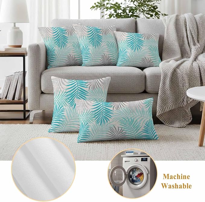 Outdoor Waterproof Throw Pillow Covers, Teal Grey Palm Leaves Decorative Pillow Cases, Summer Botanical Tropical Leaf Couch Pillow Protector Patio Sofa Cushion Covers Replacement 16"x16" 2 Pack