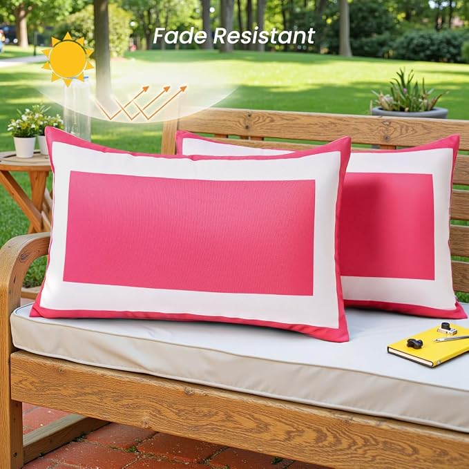 JOJOGOGO 12x20 Hot Pink Outdoor Lumbar Pillow Covers Waterproof & Sunproof Set of 2, White and Pink Outdoor Decorative Lumbar Throw Pillows for Patio Furniture and Porch Decor(Without Inserts)