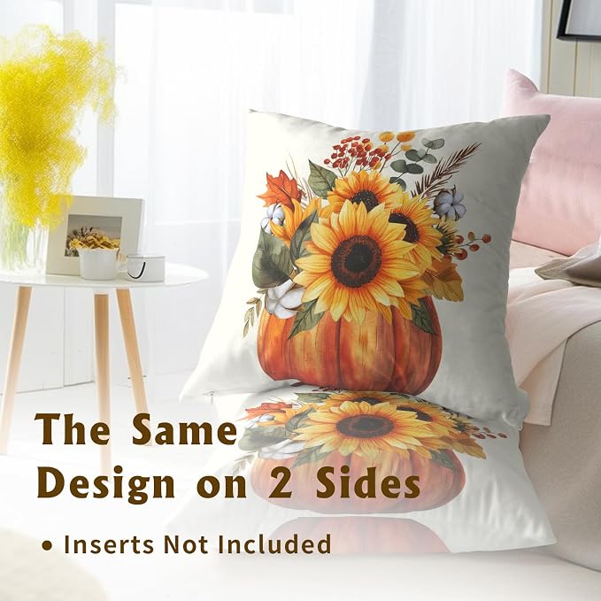 Fall Sunflower Pumpkin Pillow Cover Set of 2-22x22 Inch Autumn Flower Floral Harvest Seasonal Decorative Sofa Couch Cushion Case for Porch Patio Outdoor Indoor Home Decor