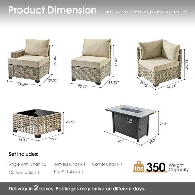 Outdoor Sectional Patio Furniture Set with Fire Pit,7 Pieces Rattan Conversation Sets,Out Door L Shaped Furniture with Glowing Coffee Table,Beige