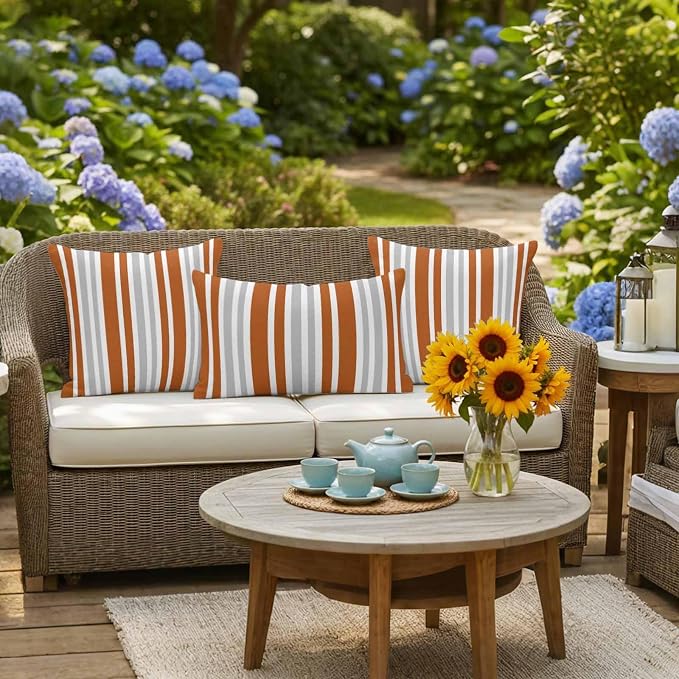 Burnt Orange Grey Stripe Outdoor Pillow Covers 24x24 Inch Throw Pillow Covers Set of 2 Waterproof Decorative Pillow Cases Farmhouse Minimalist Striped Cushion Covers for Patio Furniture Garden Couch